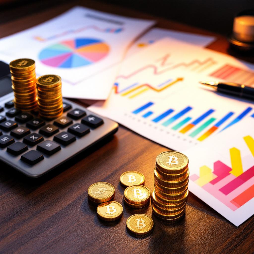 "Financial planning workspace with coins, charts, and analytics"