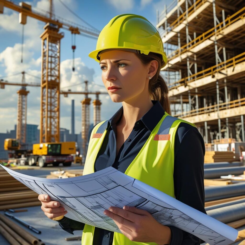 "Engineer at a construction site reviewing technical plans"