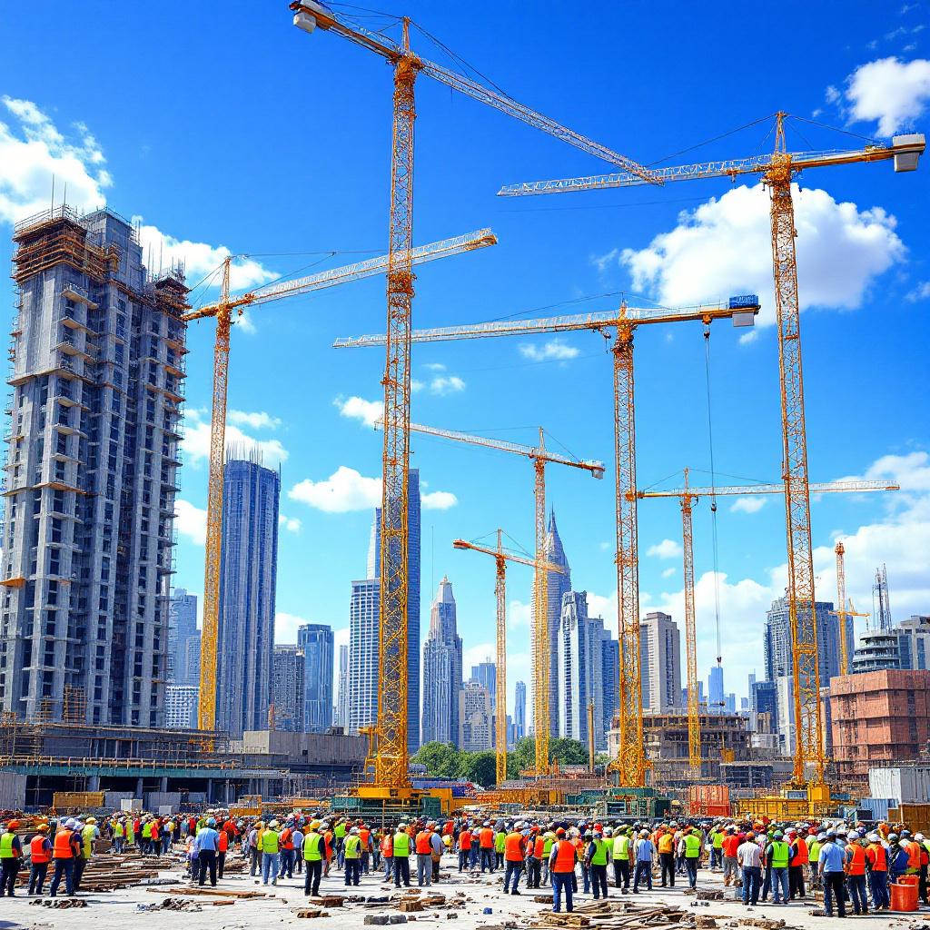 "Active construction site with cranes and high-rise buildings in progress"