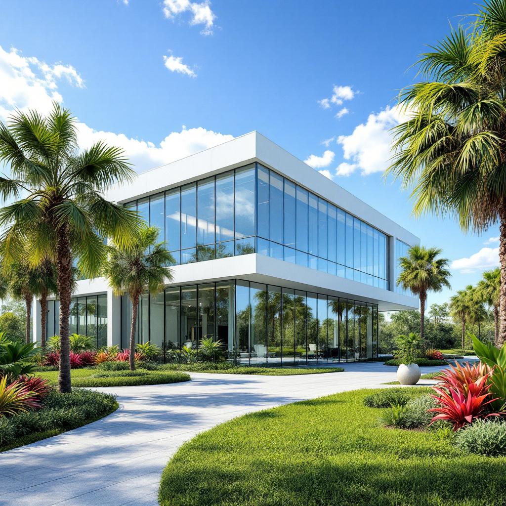 "Modern commercial real estate building with glass facade"