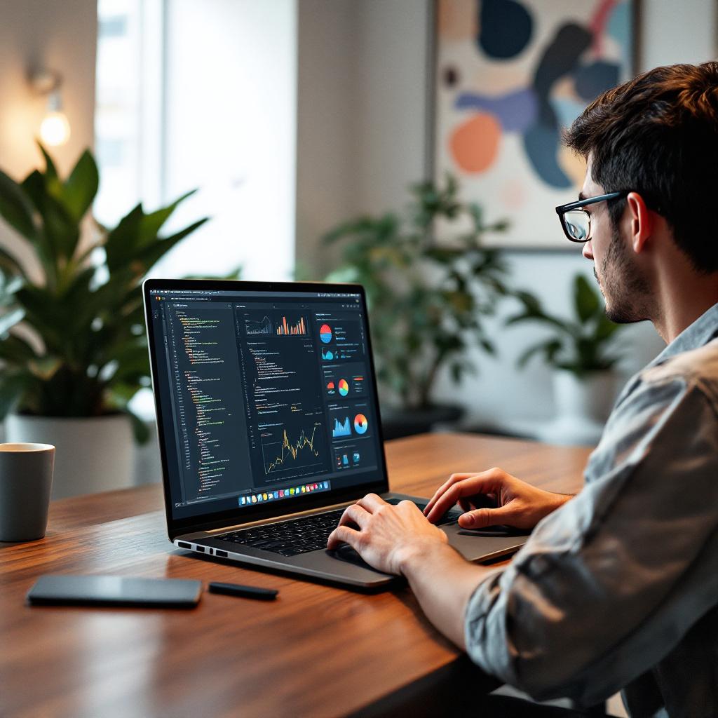 "Tech professional working on software development and IT dashboard"
