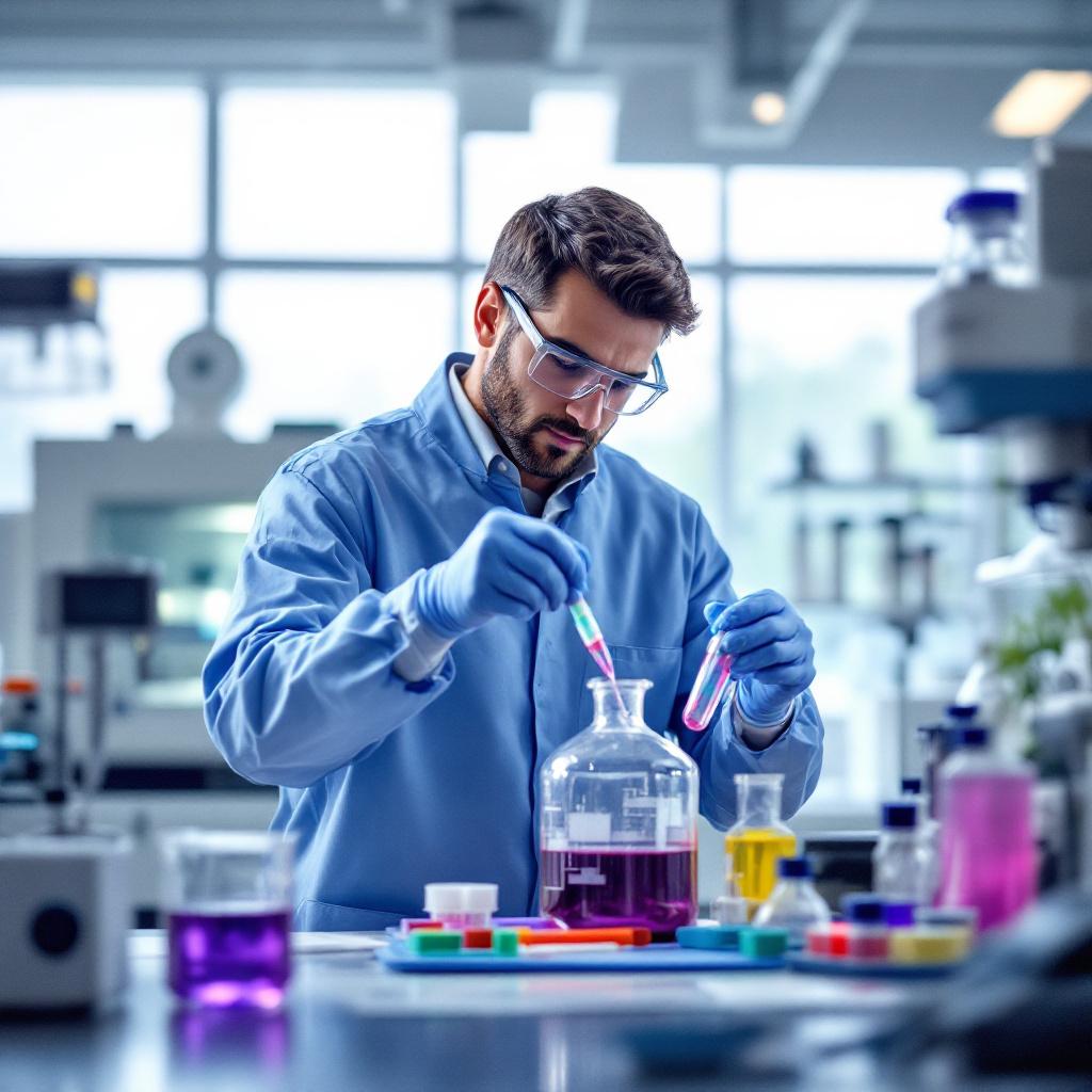 "Pharmaceutical lab technician handling chemical samples in a lab"