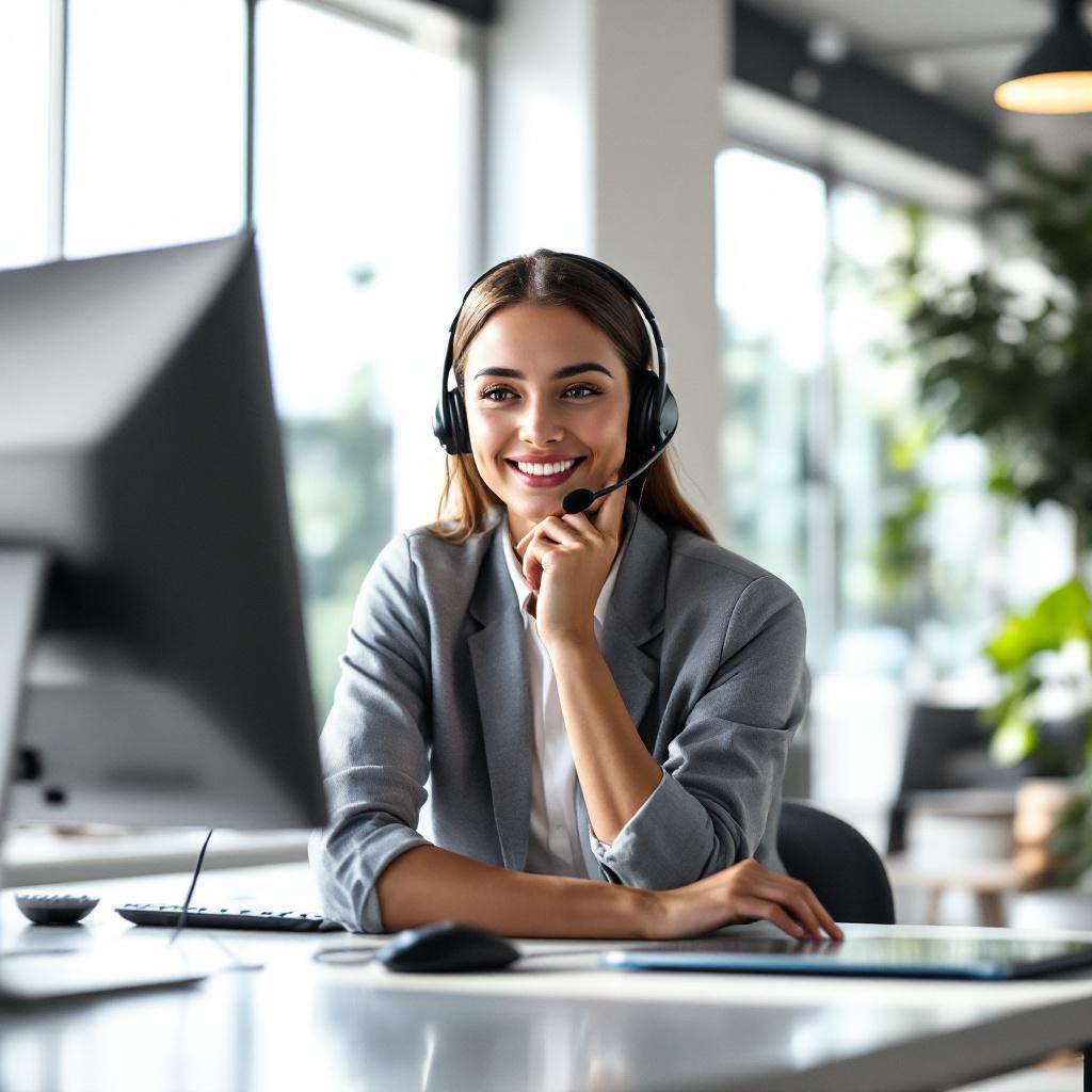 "Telecom representative providing customer service via headset"